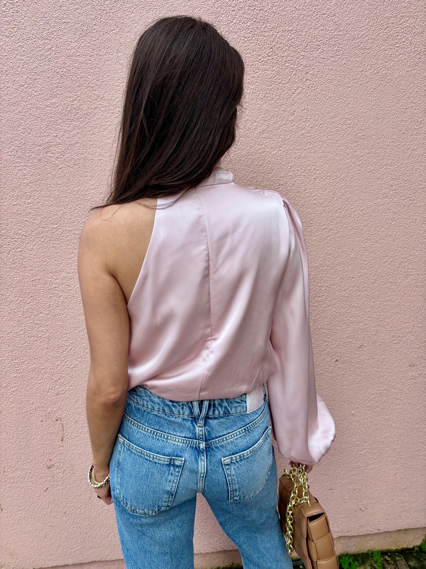 Satin Asymmetrical Sleeve High Neck