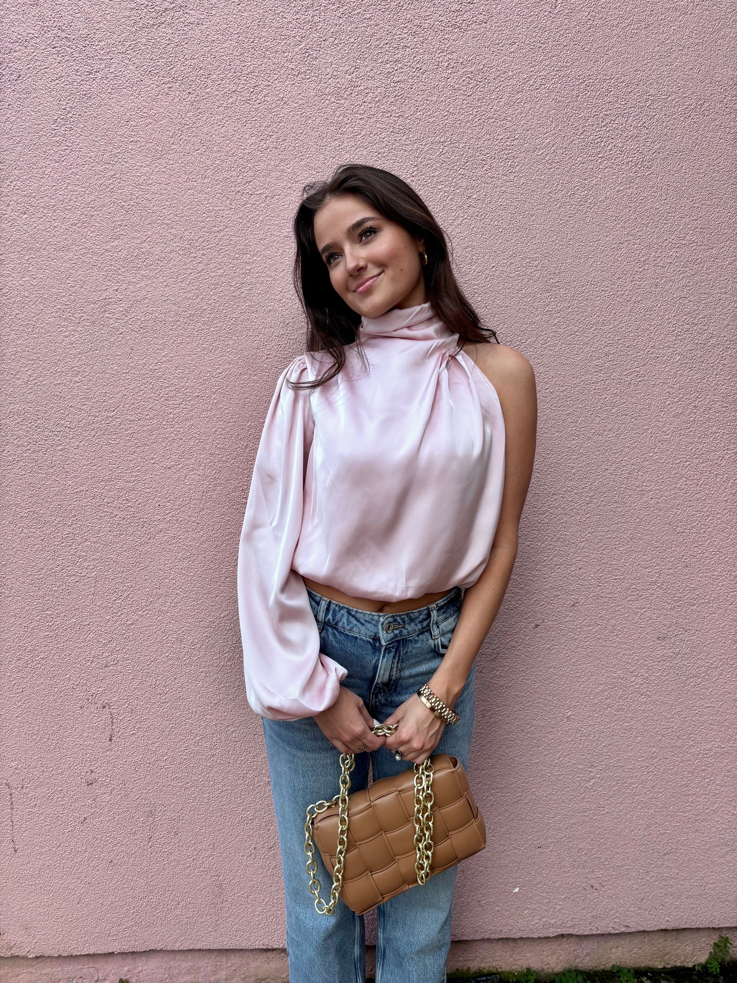 Satin Asymmetrical Sleeve High Neck
