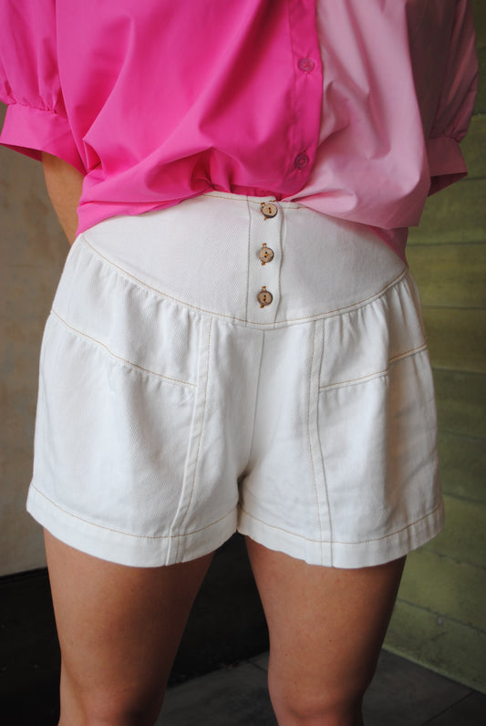 Flared Denim Shorts with Smocked Waistband