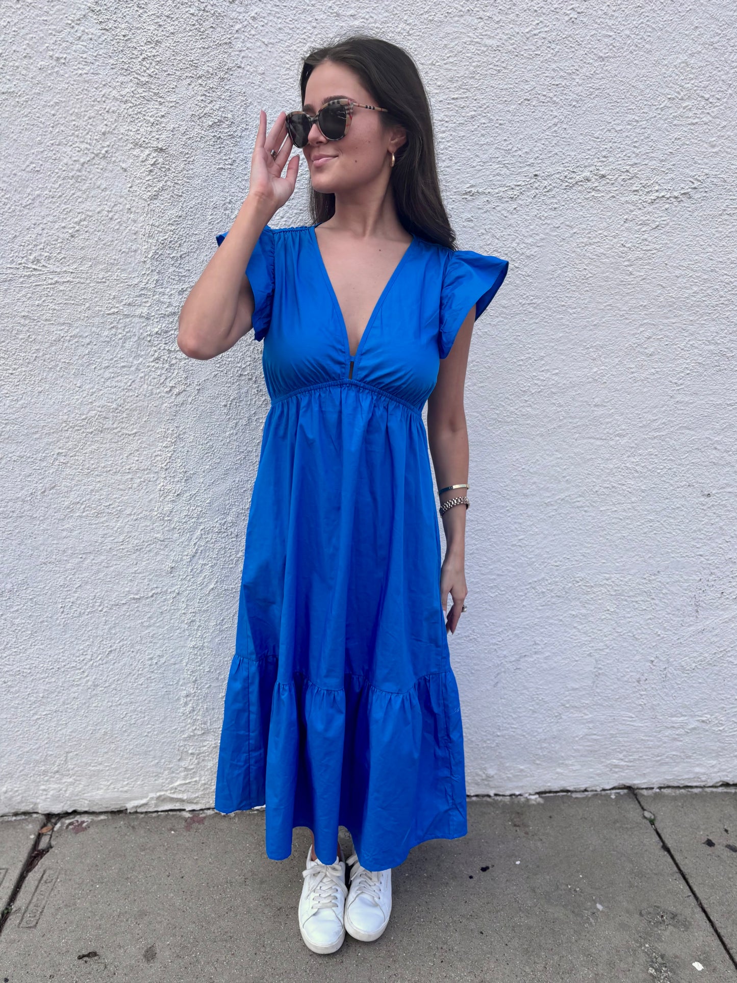 V Neck Ruffle Sleeve Midi Dress