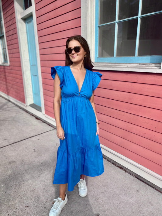 V Neck Ruffle Sleeve Midi Dress