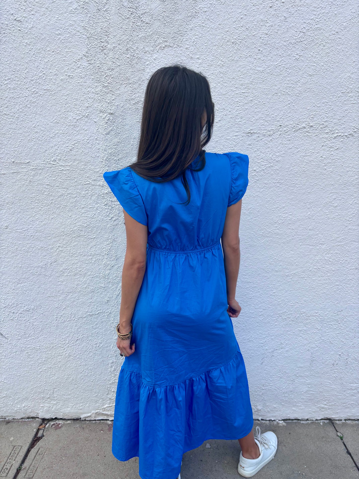 V Neck Ruffle Sleeve Midi Dress