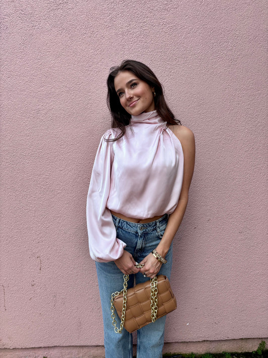 Satin Asymmetrical Sleeve High Neck